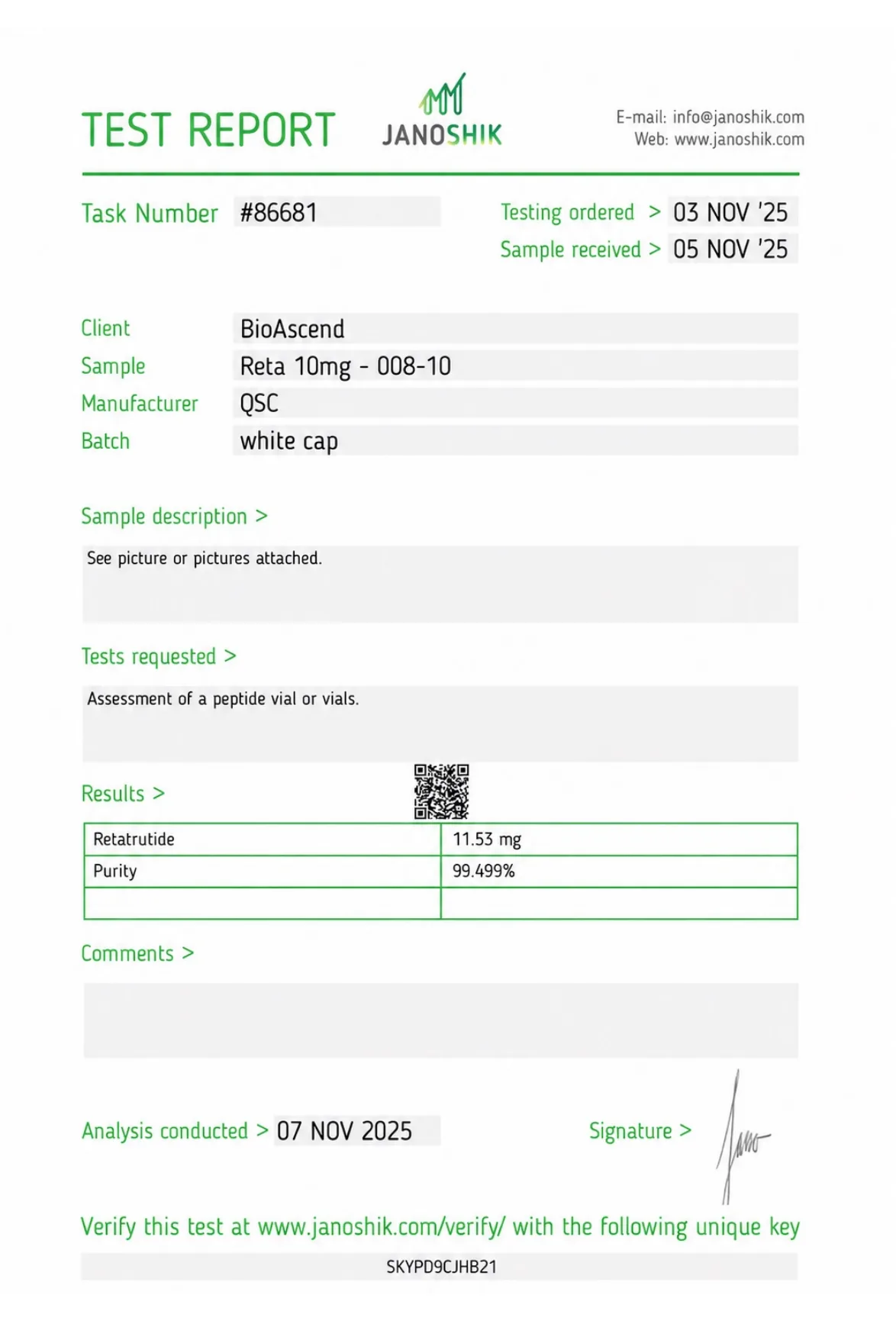 Example Janoshik test report